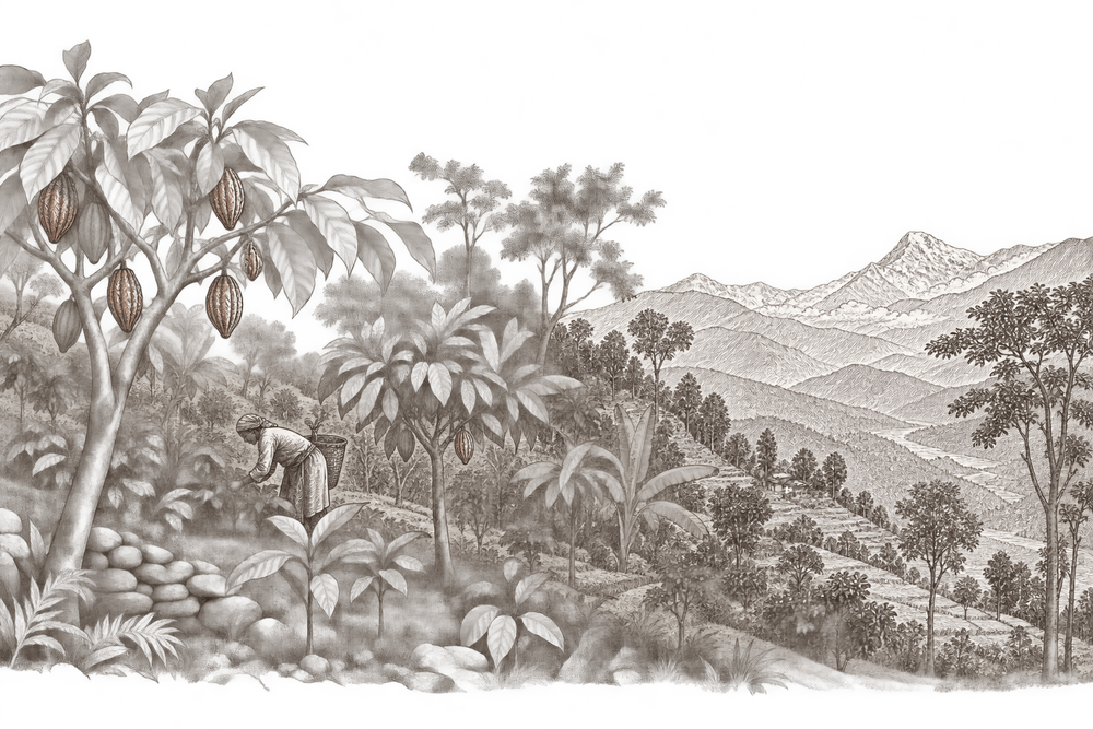 Cacao growing within a diverse Nepali agroforestry landscape