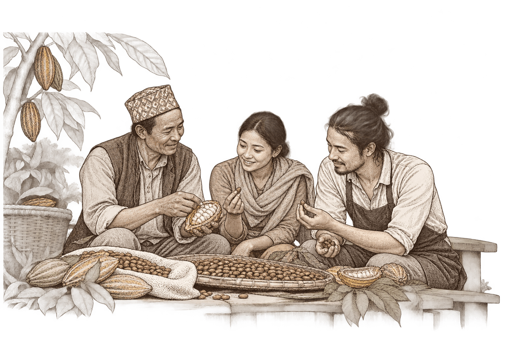 Growers and makers examining cacao together